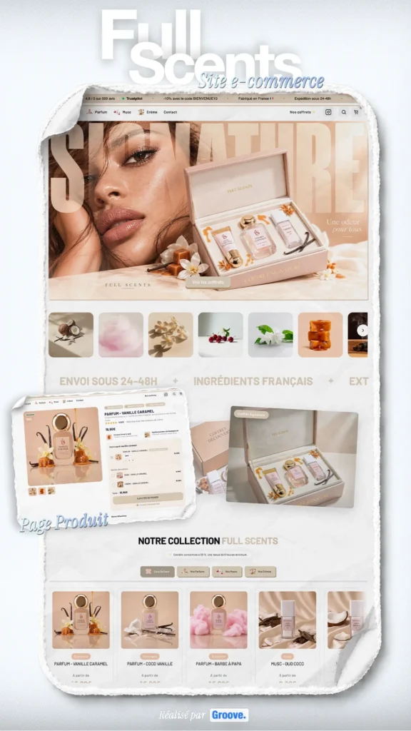 Full Scents : maquettes de la boutique Shopify sur mobile et ordinateur