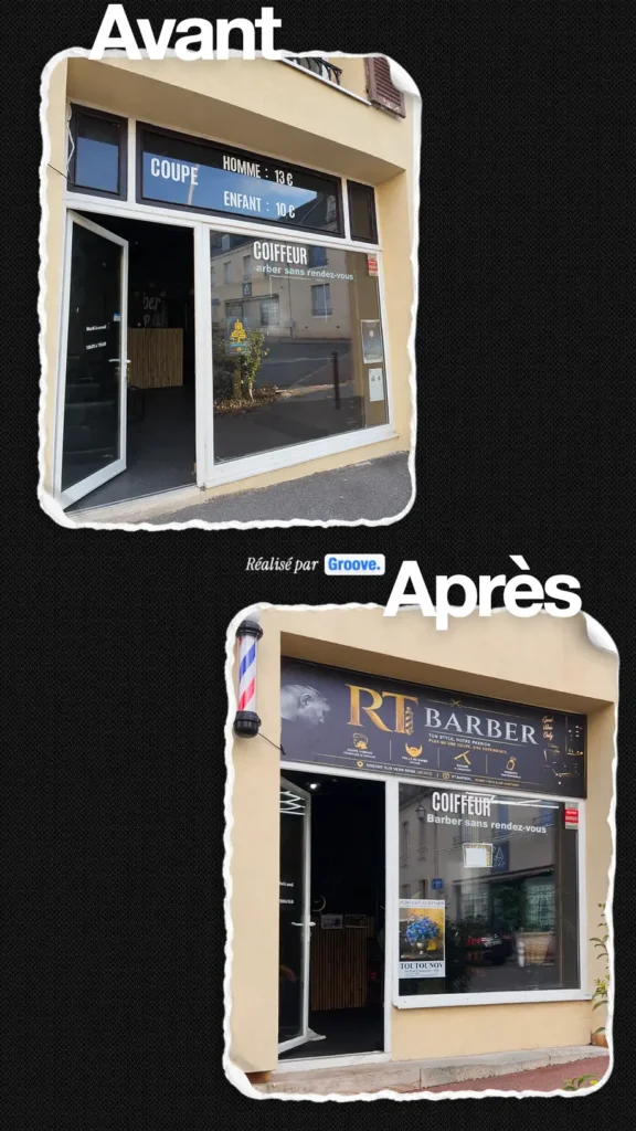 RT Barber : la façade avant et après la nouvelle enseigne