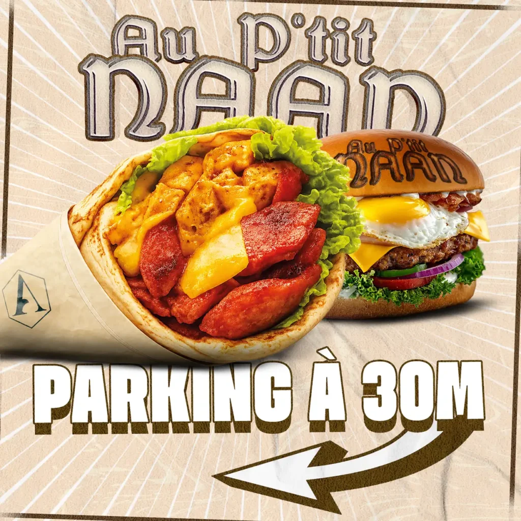 Au P’tit Naan : panneau de fléchage du parking, visuel wrap