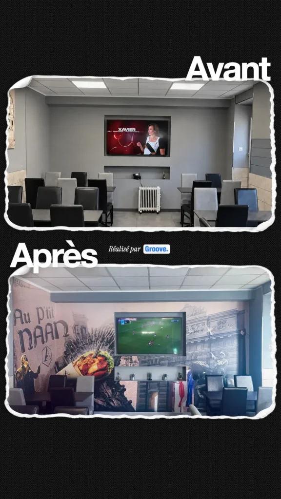 Au P’tit Naan : la salle du restaurant avant et après la pose de l’adhésif mural