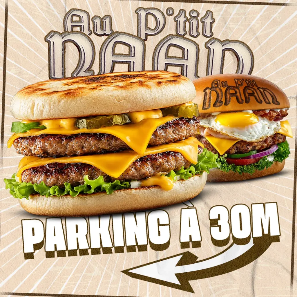 Au P’tit Naan : panneau de fléchage du parking, visuel burger